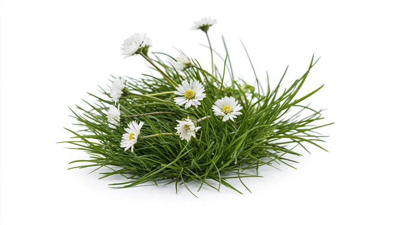 A clump of green grass with white daisy wildflowers isolated on white