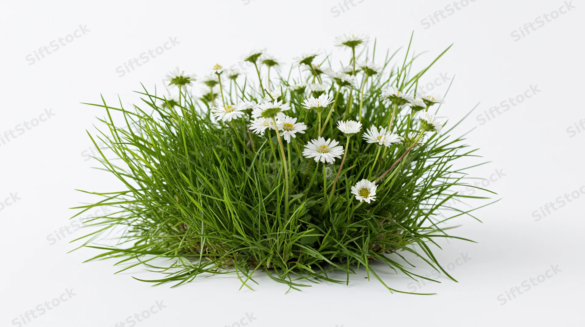 A clump of green grass with white daisy wildflowers growing in a dense cluster on a plain white surface