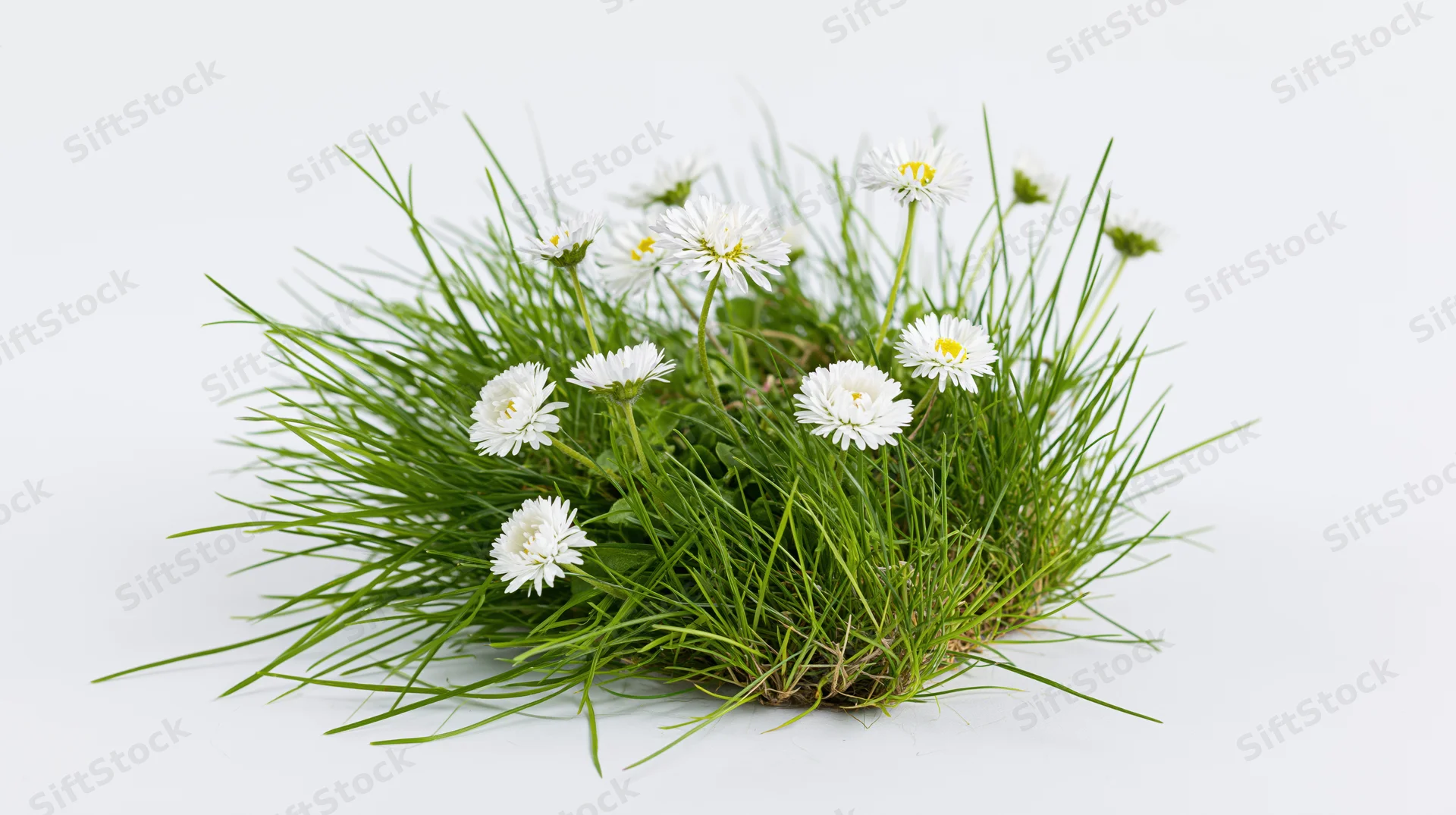 A clump of green grass with white daisy wildflowers blooming on a white background