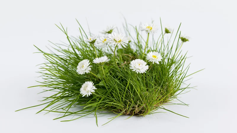 A clump of green grass with white daisy wildflowers blooming on a white background