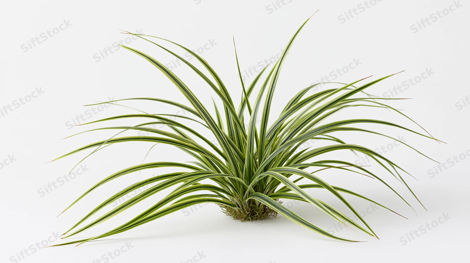 Small clump of wild grass with long slender blades spread out on white background