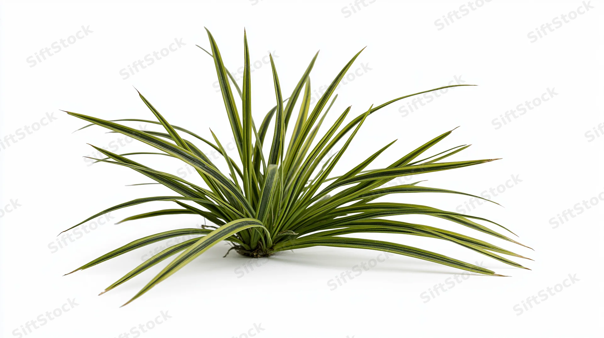 Small clump of wild grass with long slender blades spread out on white background