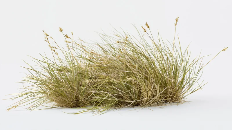 A clump of wild grass with thin blades and seed heads on a white background