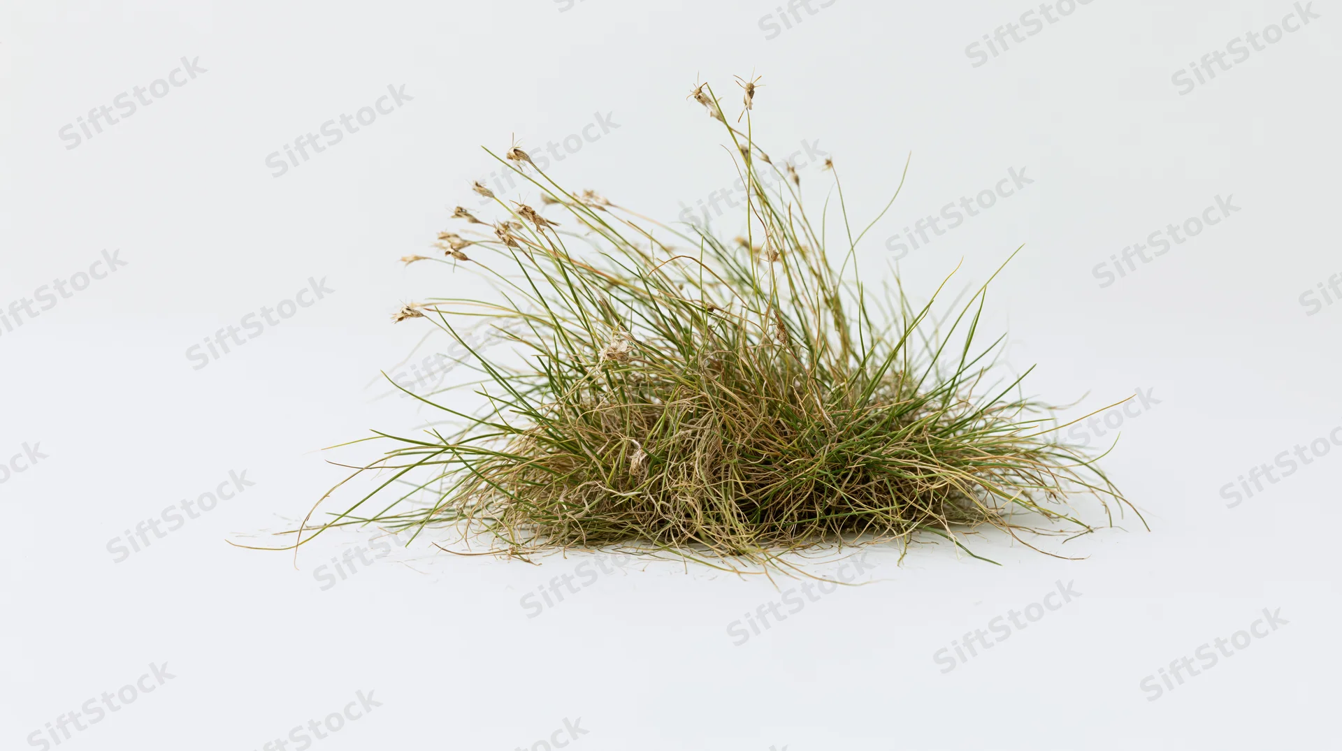 Small clump of wild grass with thin blades and seed heads on white background