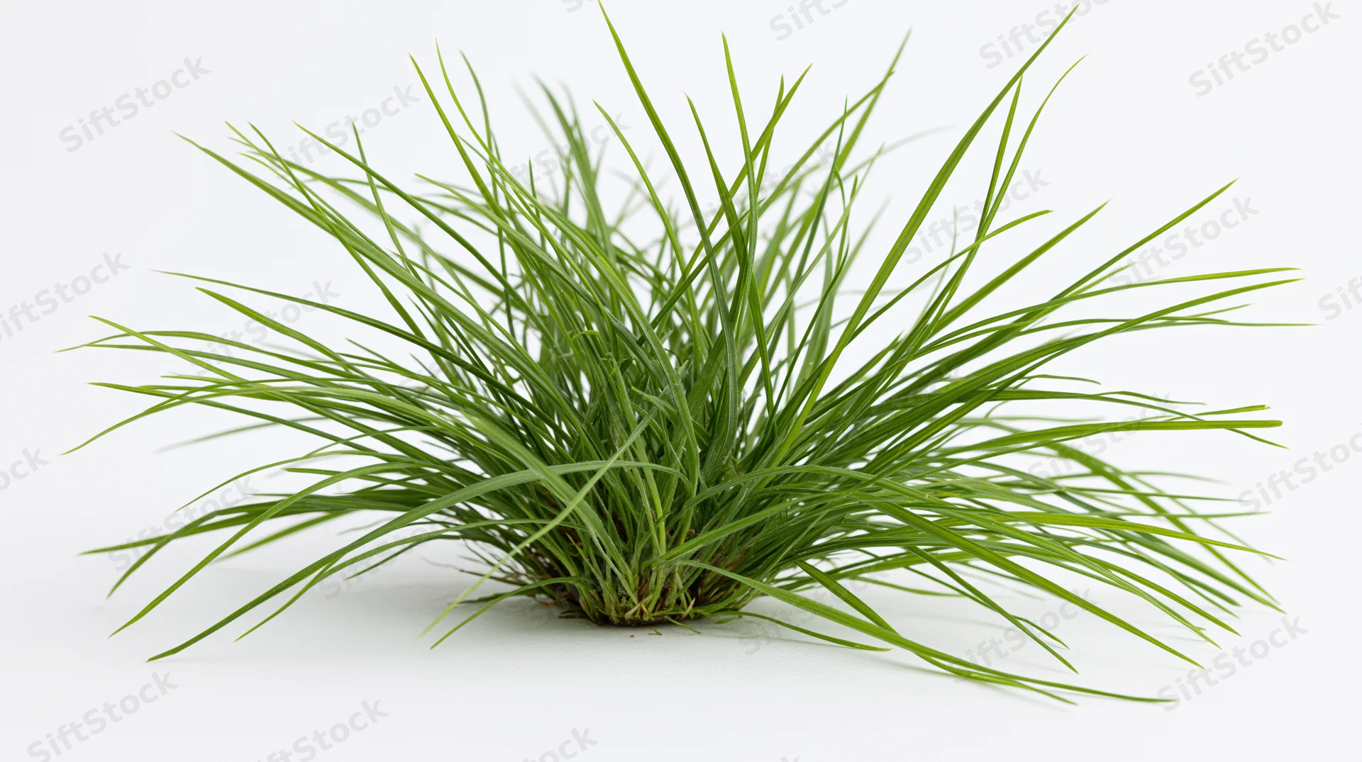 A clump of wild green grass with long blades spreading on a white background