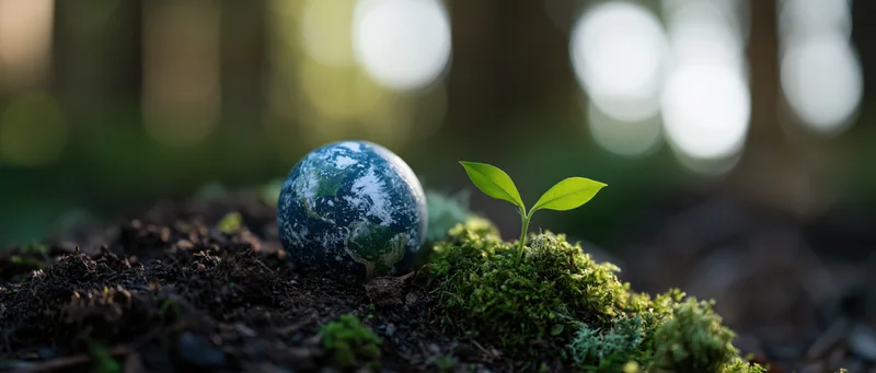 Small decorative globe model resting on mossy soil mound with a sprouting plant beside it in a forest setting