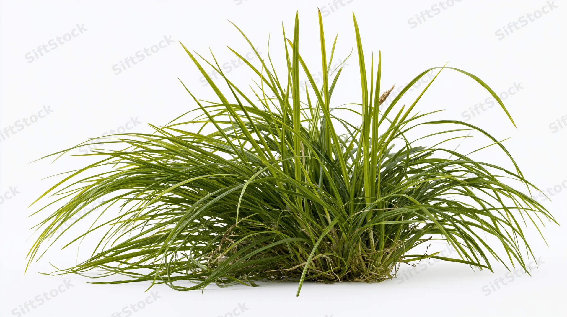 Dense clump of long wild grass with green blades and roots on white background