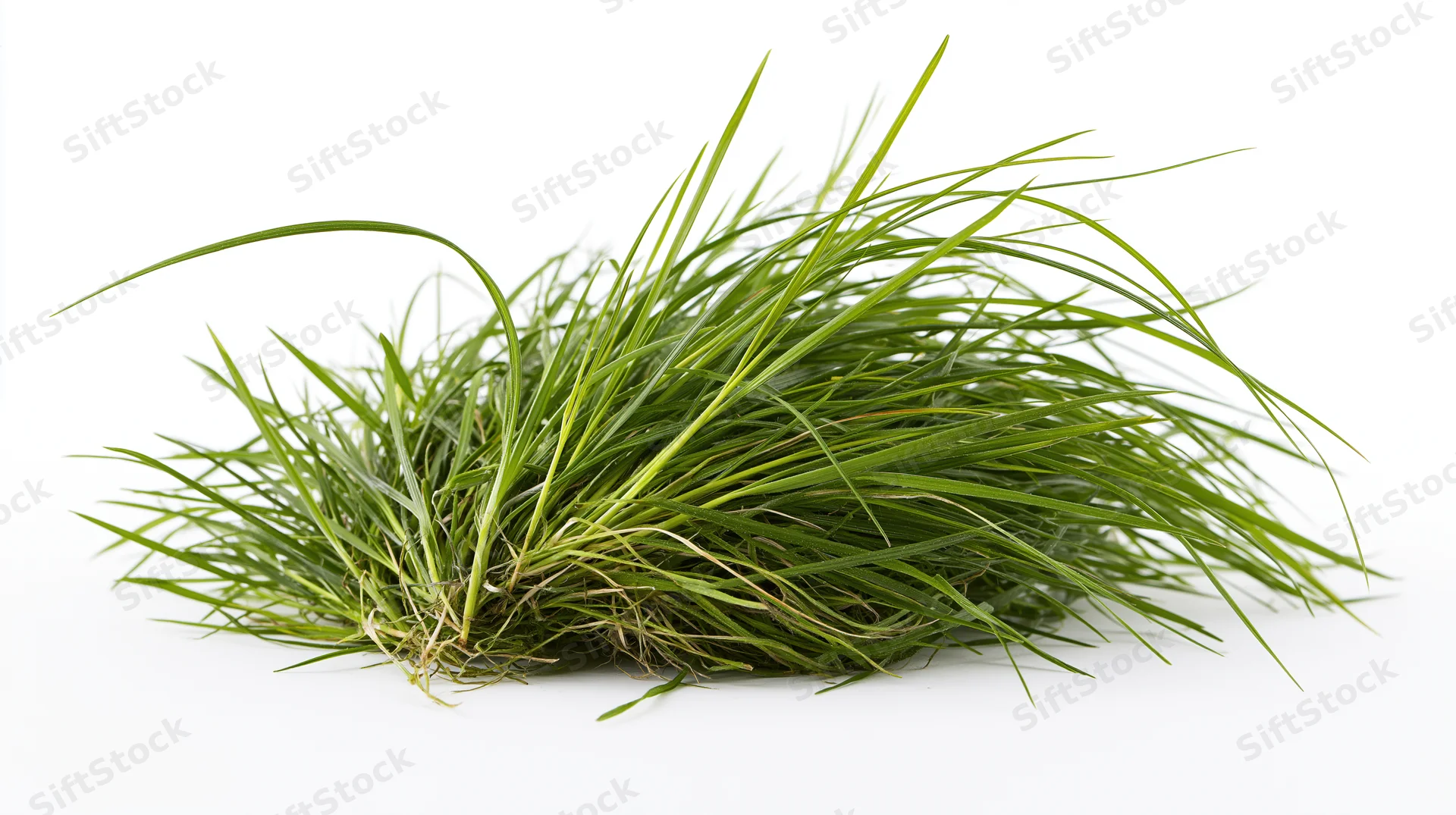 A clump of long wild grass with visible roots and blades, isolated on white background