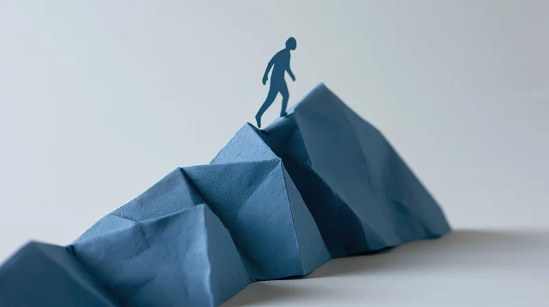 Paper cutout figure climbing a blue origami mountain against a white background