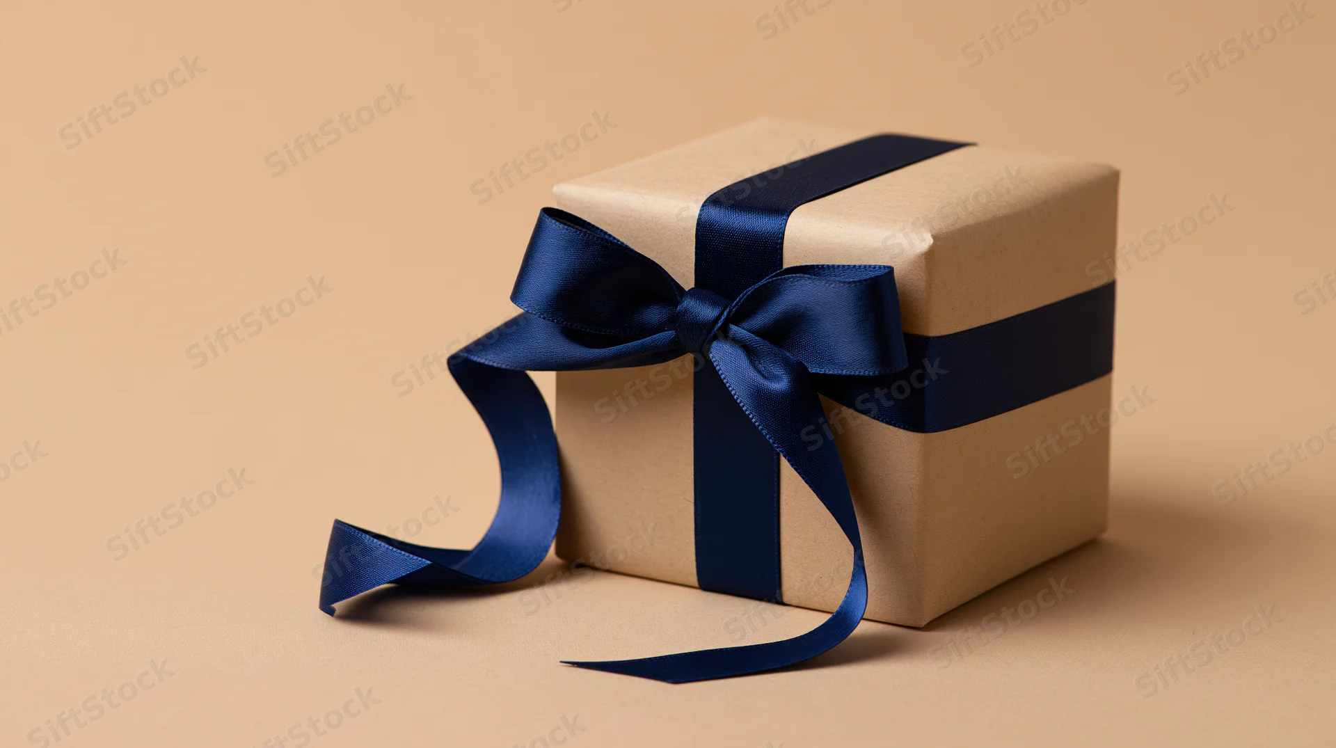 Small gift box wrapped in brown kraft paper with navy blue ribbon bow on beige surface