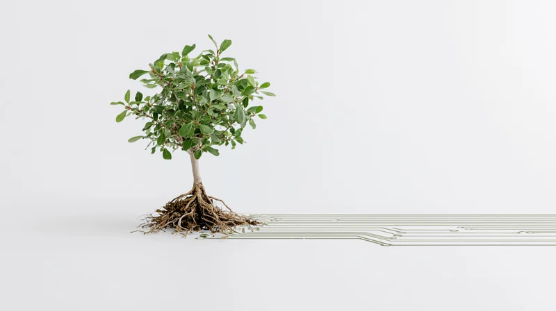 Small green tree with exposed roots connected to circuit lines on white background
