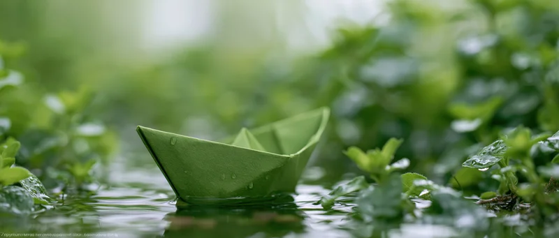 Green paper boat floating on calm shallow water surrounded by lush green foliage