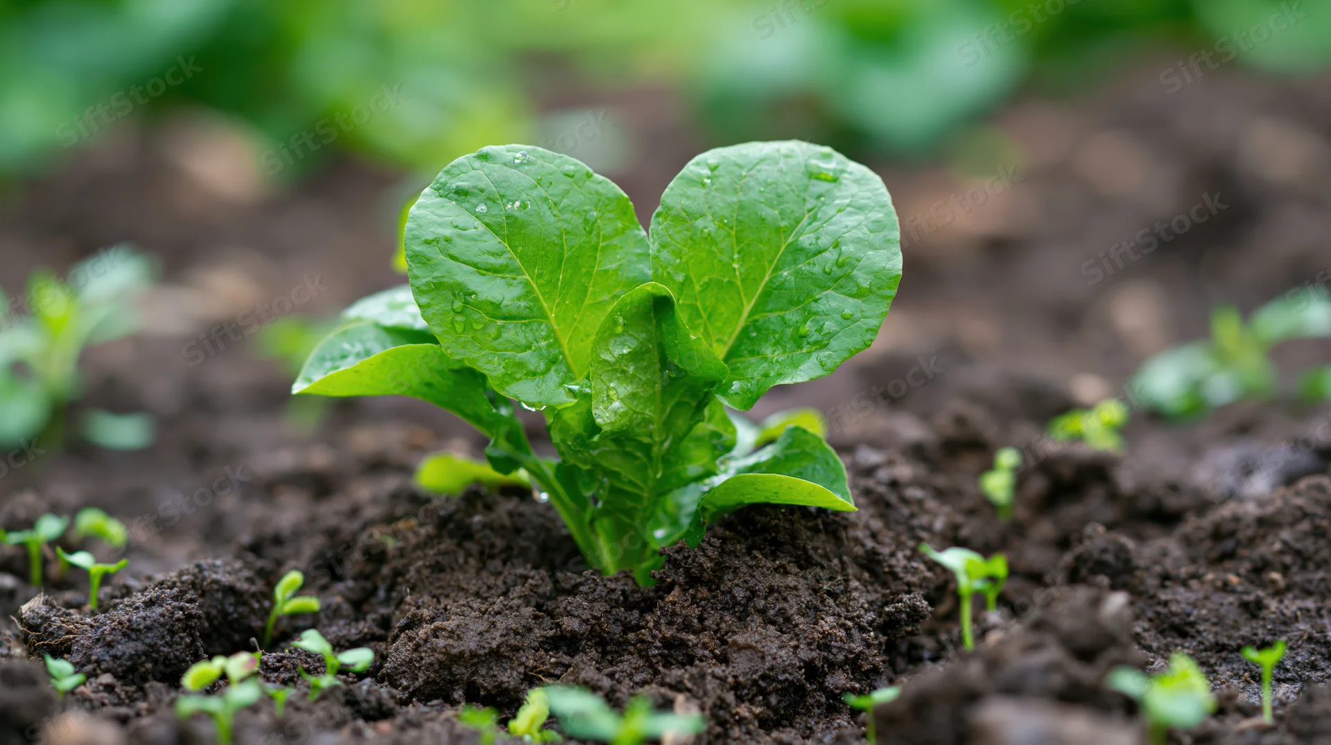 Small green plant sprouting from dark moist soil in a garden bed