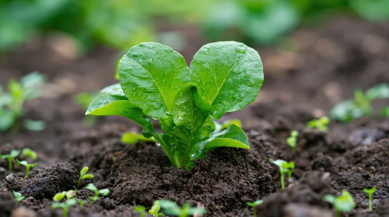 Small green plant sprouting from dark moist soil in a garden bed