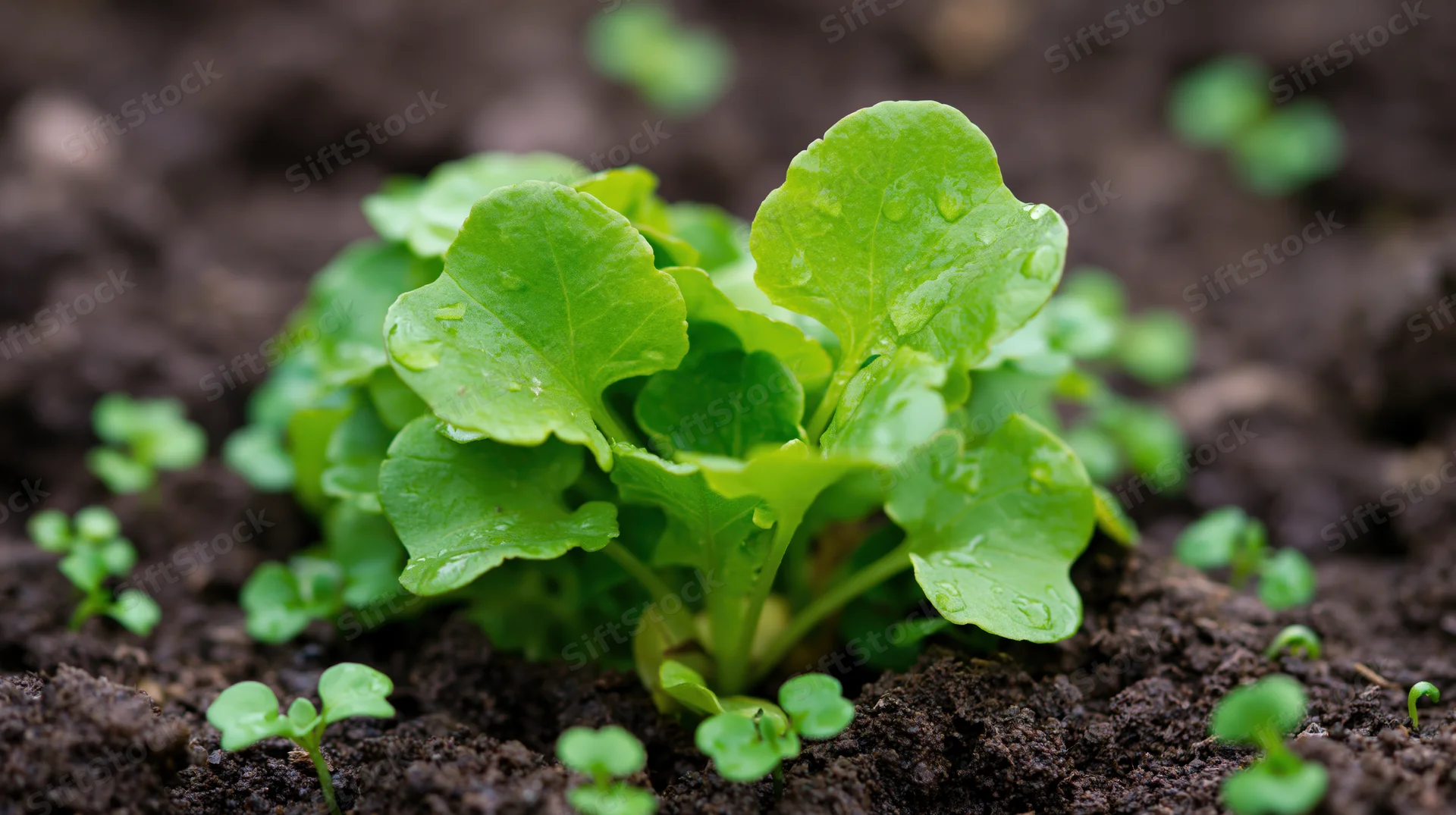 Small green plant sprouting from dark moist soil in a garden bed