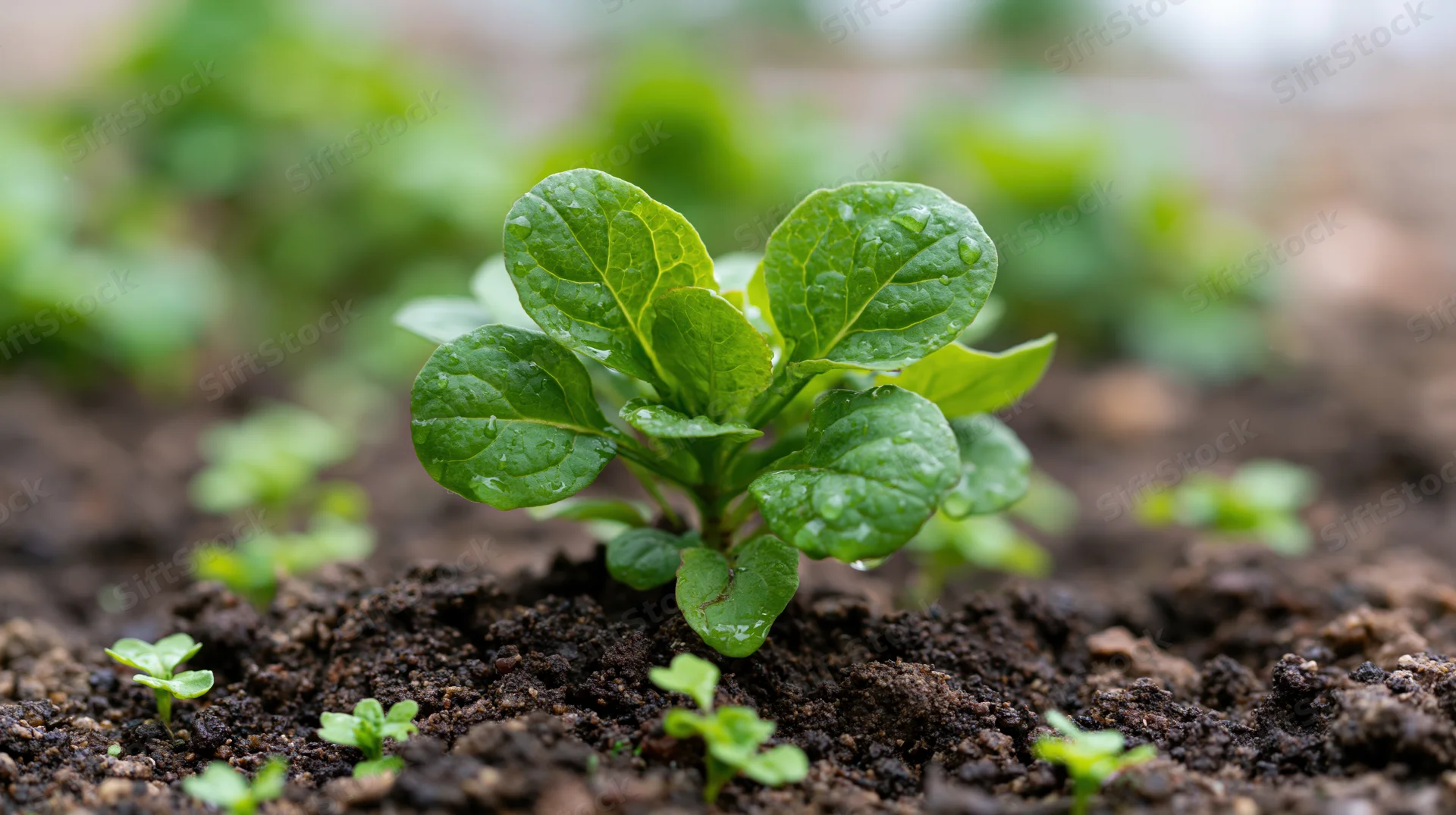 Small green plant sprouting from dark moist soil in a garden bed