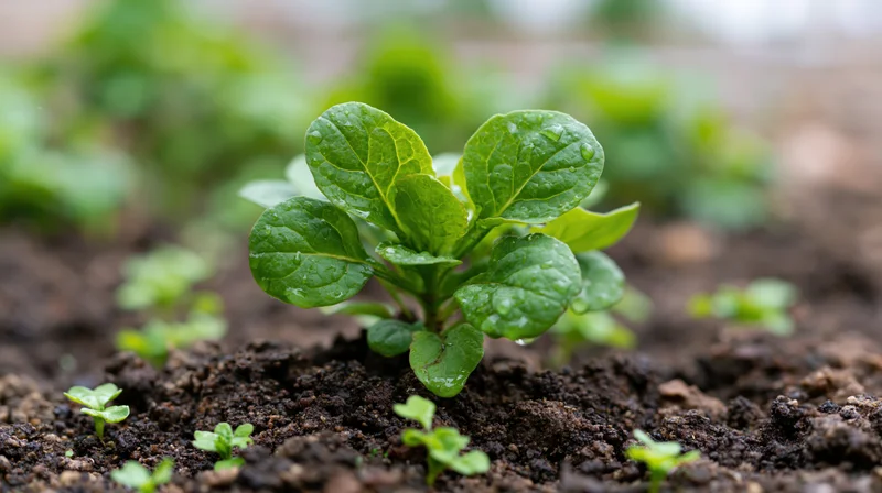 Small green plant sprouting from dark moist soil in a garden bed