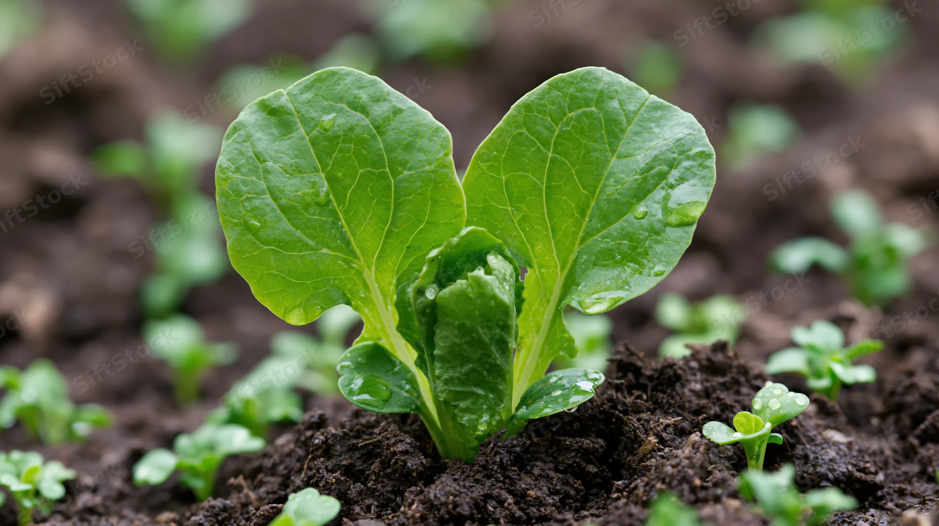 Small green lettuce seedling growing in dark moist soil with water droplets on leaves