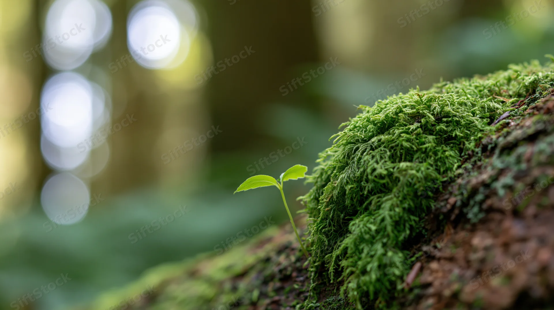 Small green seedling sprouting from a moss-covered log in a forest setting