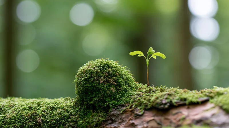 Small green seedling sprouting from moss-covered log in forest