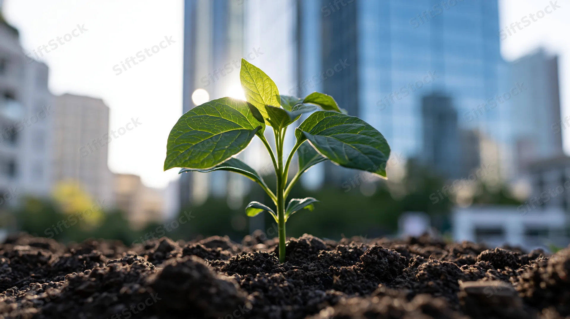 Small green seedling growing from dark soil with city skyscrapers in the background