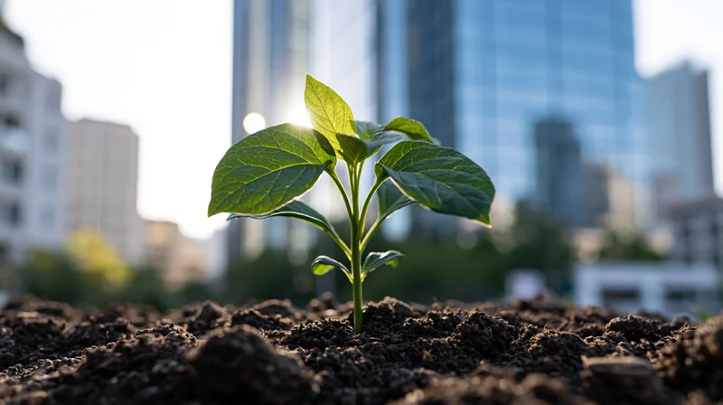Small green seedling growing from dark soil with city skyscrapers in the background