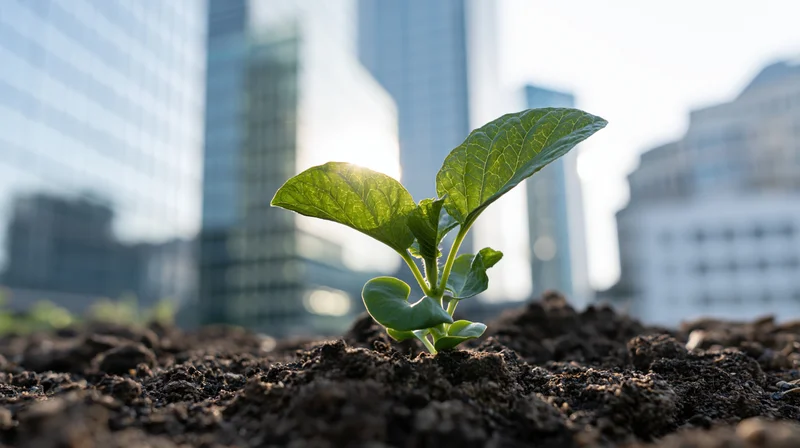 Small green seedling growing from dark soil in front of city skyscrapers