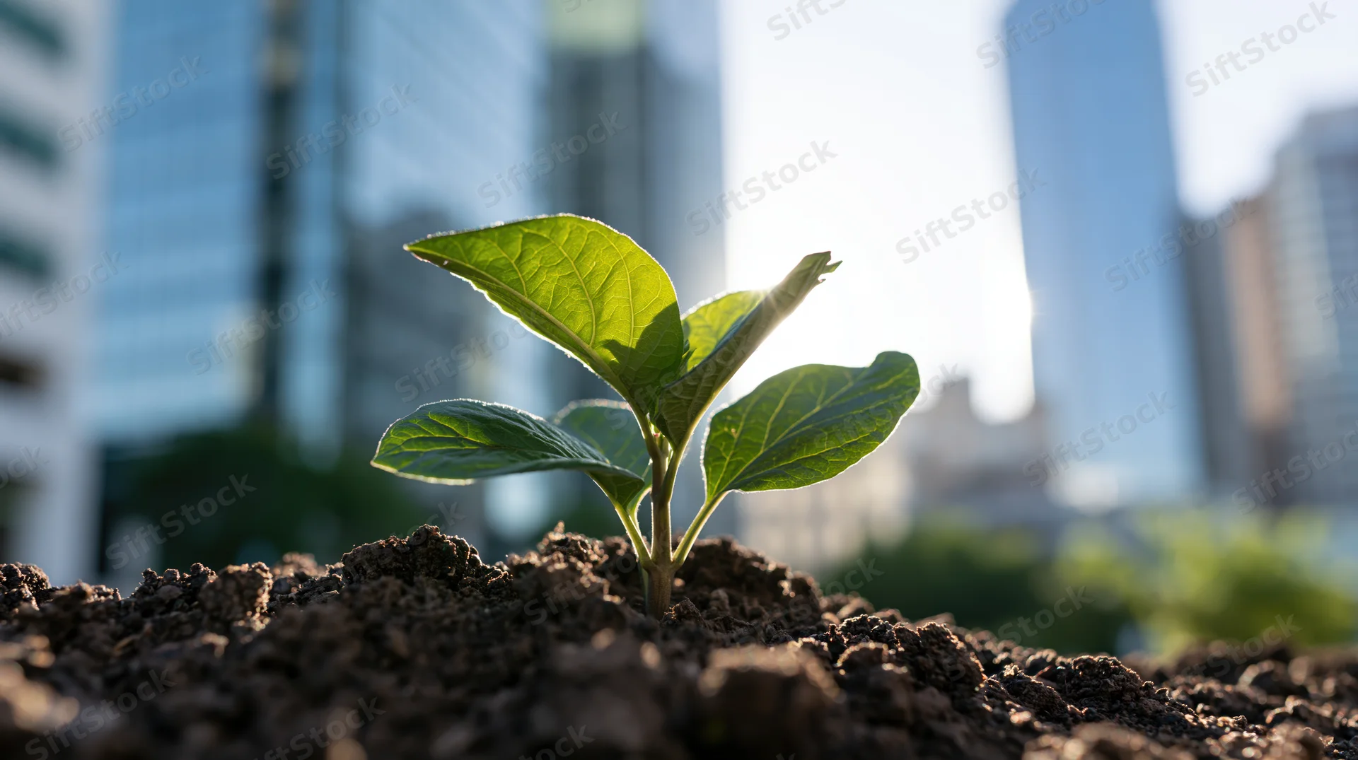 Small green seedling growing from dark soil with city skyscrapers in the background