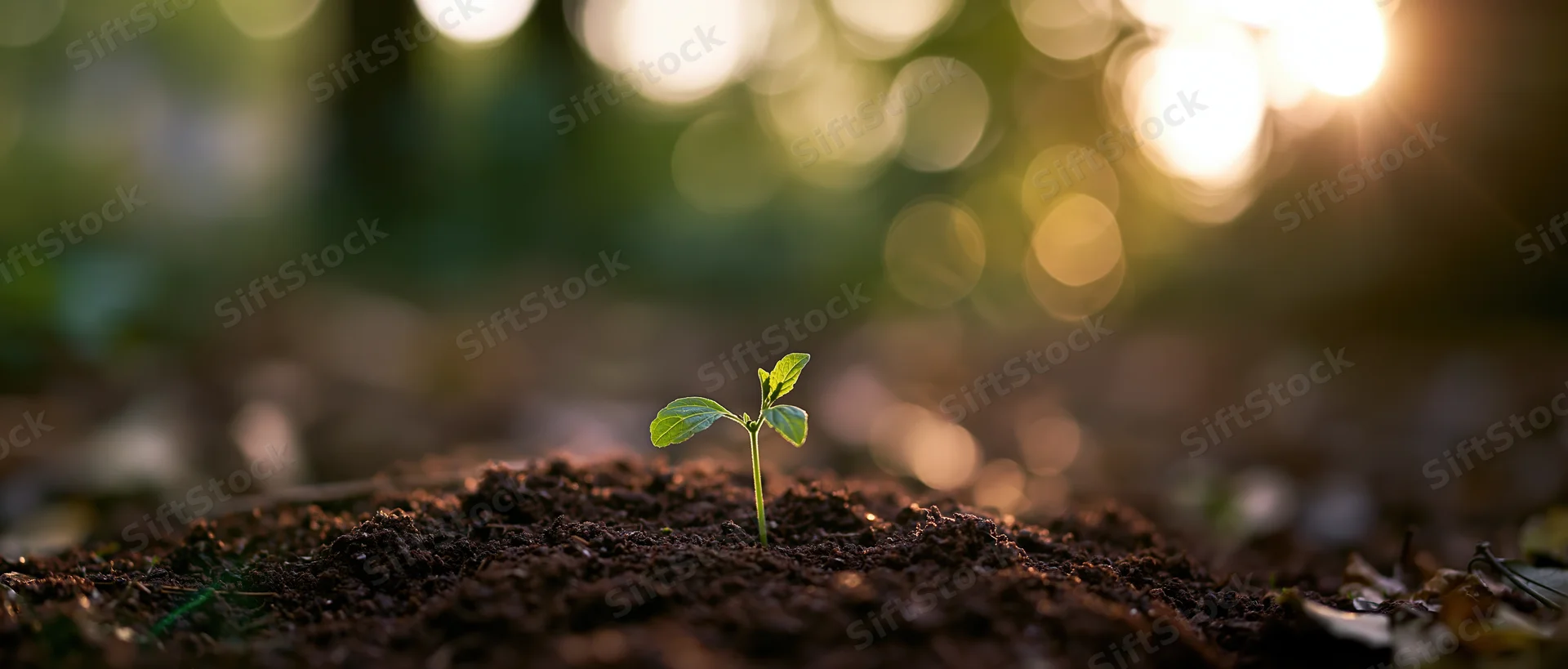 Small green seedling emerging from dark soil with sunlight filtering through blurred trees in background