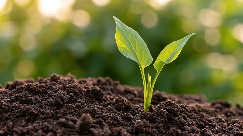 Small green seedling emerging from dark soil with blurred green background