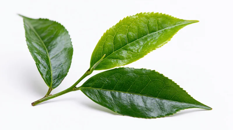 Green tea plant sprig with serrated leaves on white background