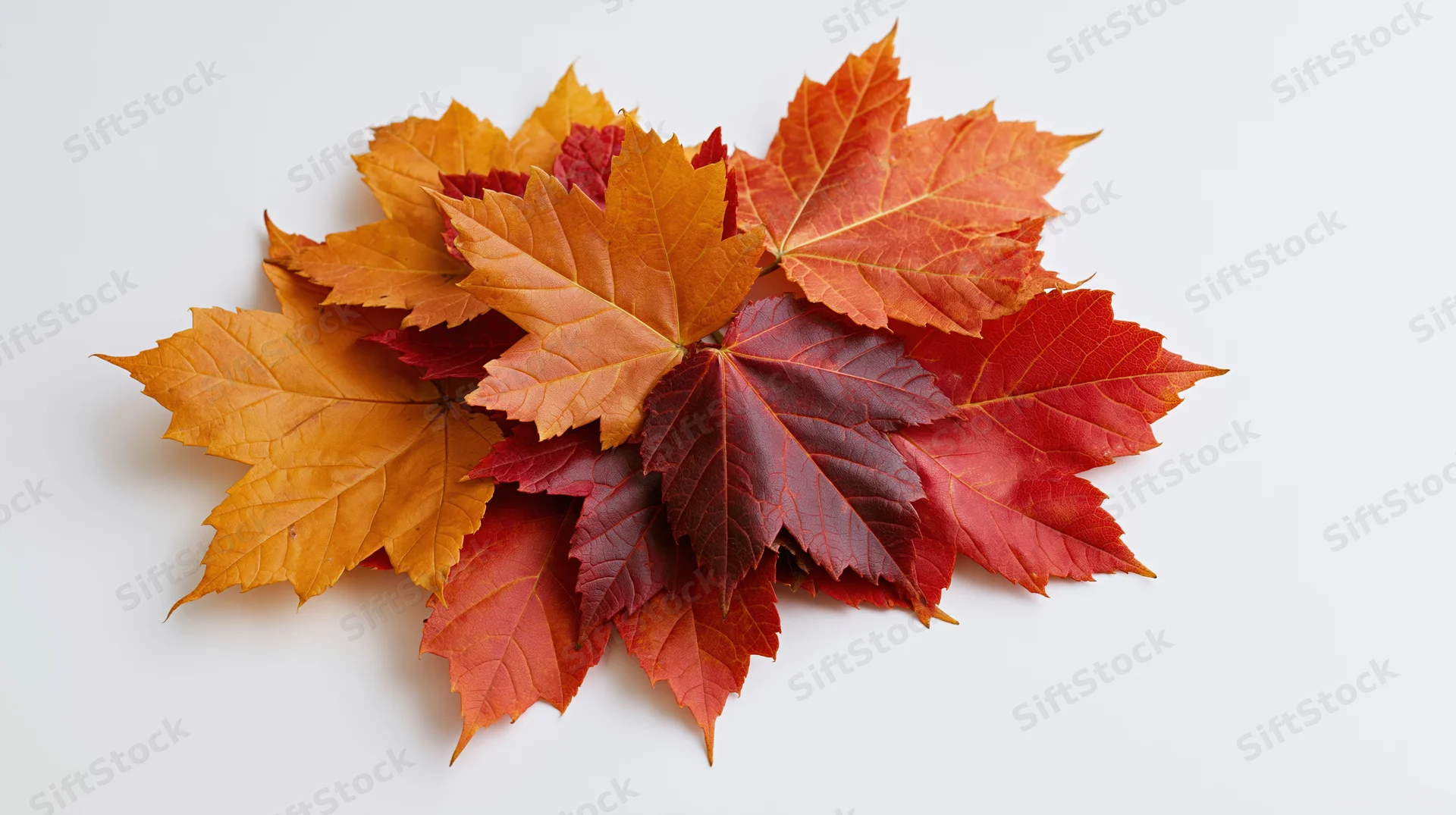 Pile of autumn maple leaves arranged in loose cluster on white background