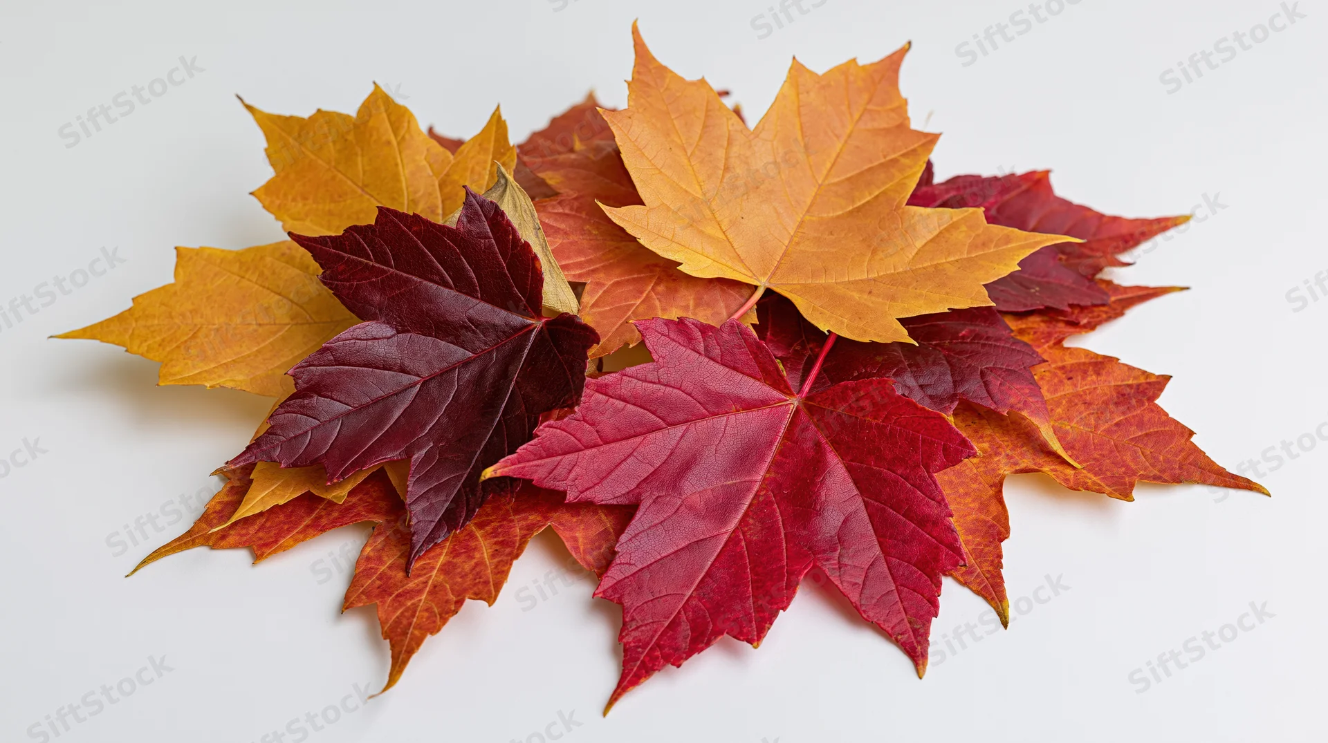 Pile of autumn maple leaves arranged in loose cluster on white background