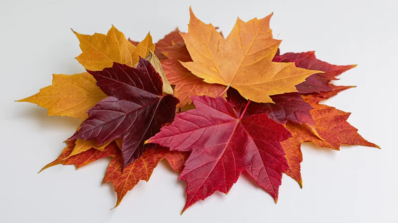 Pile of autumn maple leaves arranged in loose cluster on white background