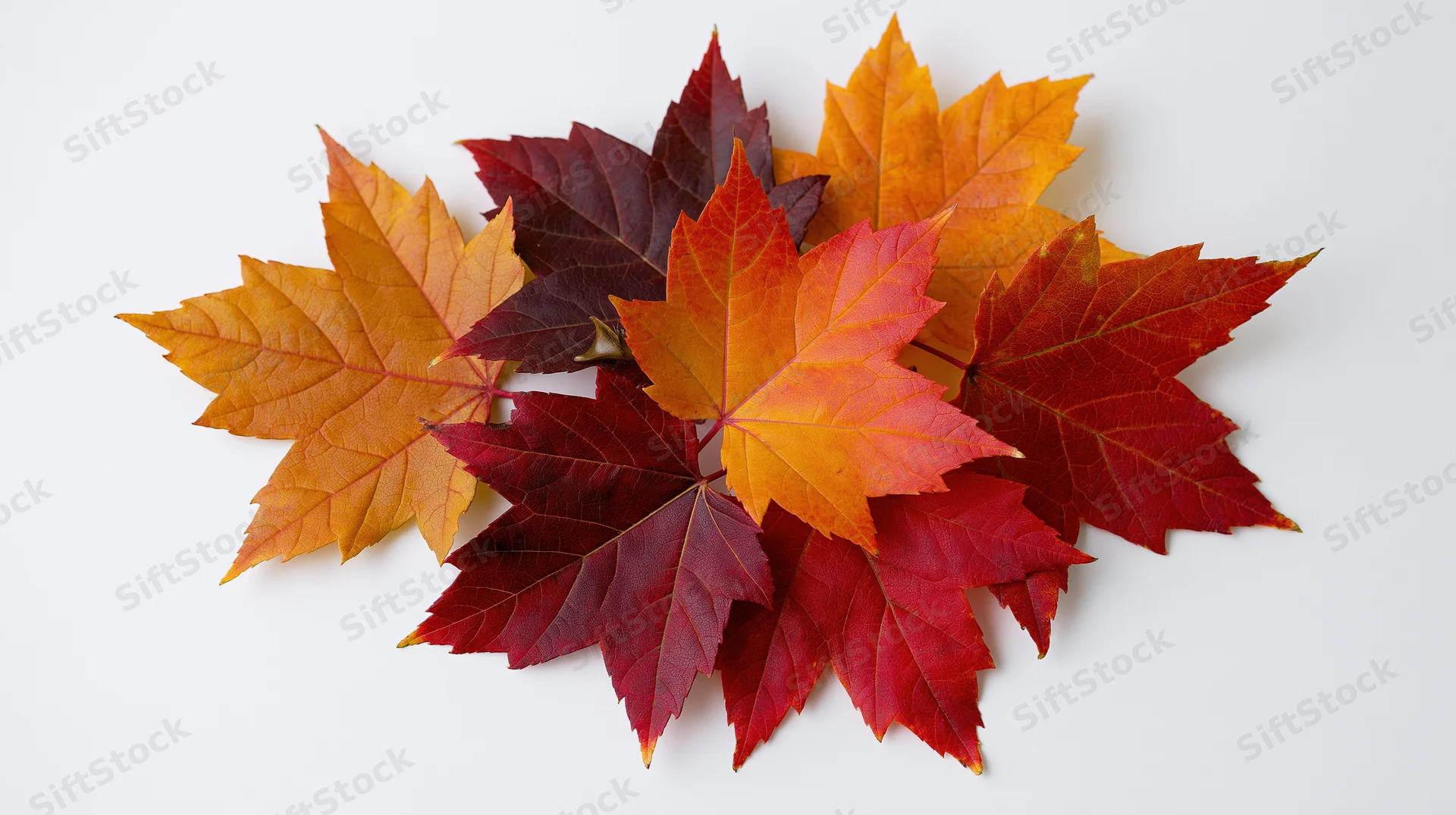 Autumn maple leaves arranged in a loose cluster on white surface