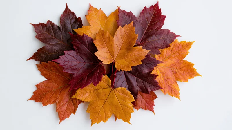 Pile of autumn maple leaves arranged in loose overlapping pattern on white background