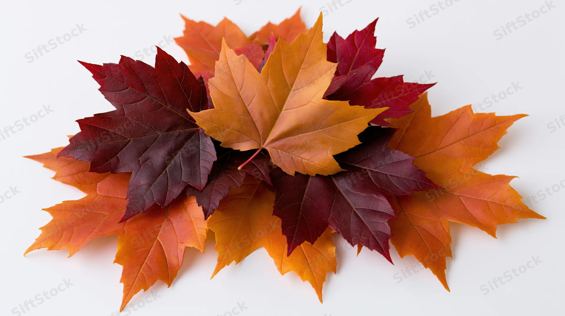 Pile of autumn maple leaves arranged in loose overlapping pattern on white surface