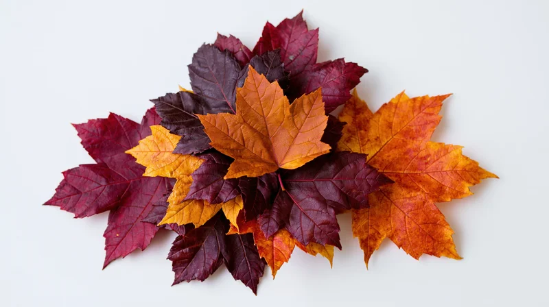 Autumn maple leaves arranged in a loose pile on white background