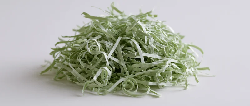 Pile of green shredded paper Easter grass filler on white surface