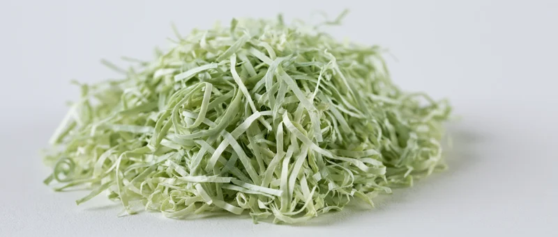 Pile of green shredded paper Easter grass filler on white surface
