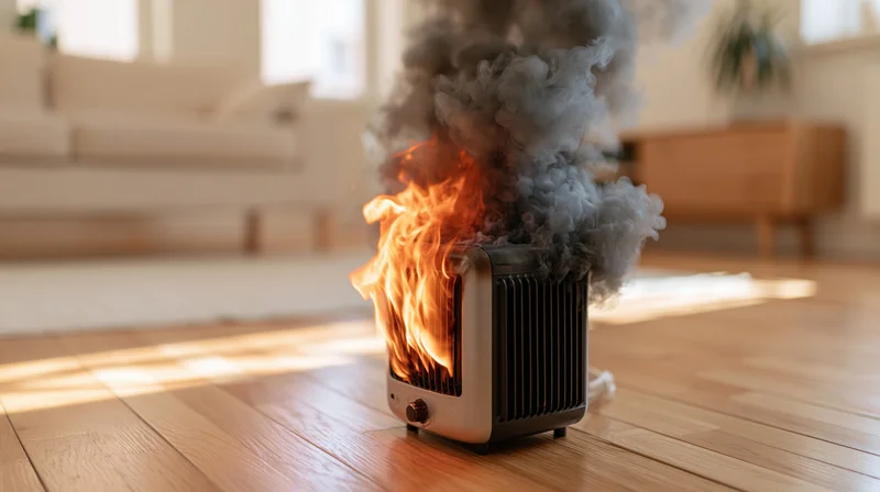 Portable electric heater on fire with thick smoke in a living room