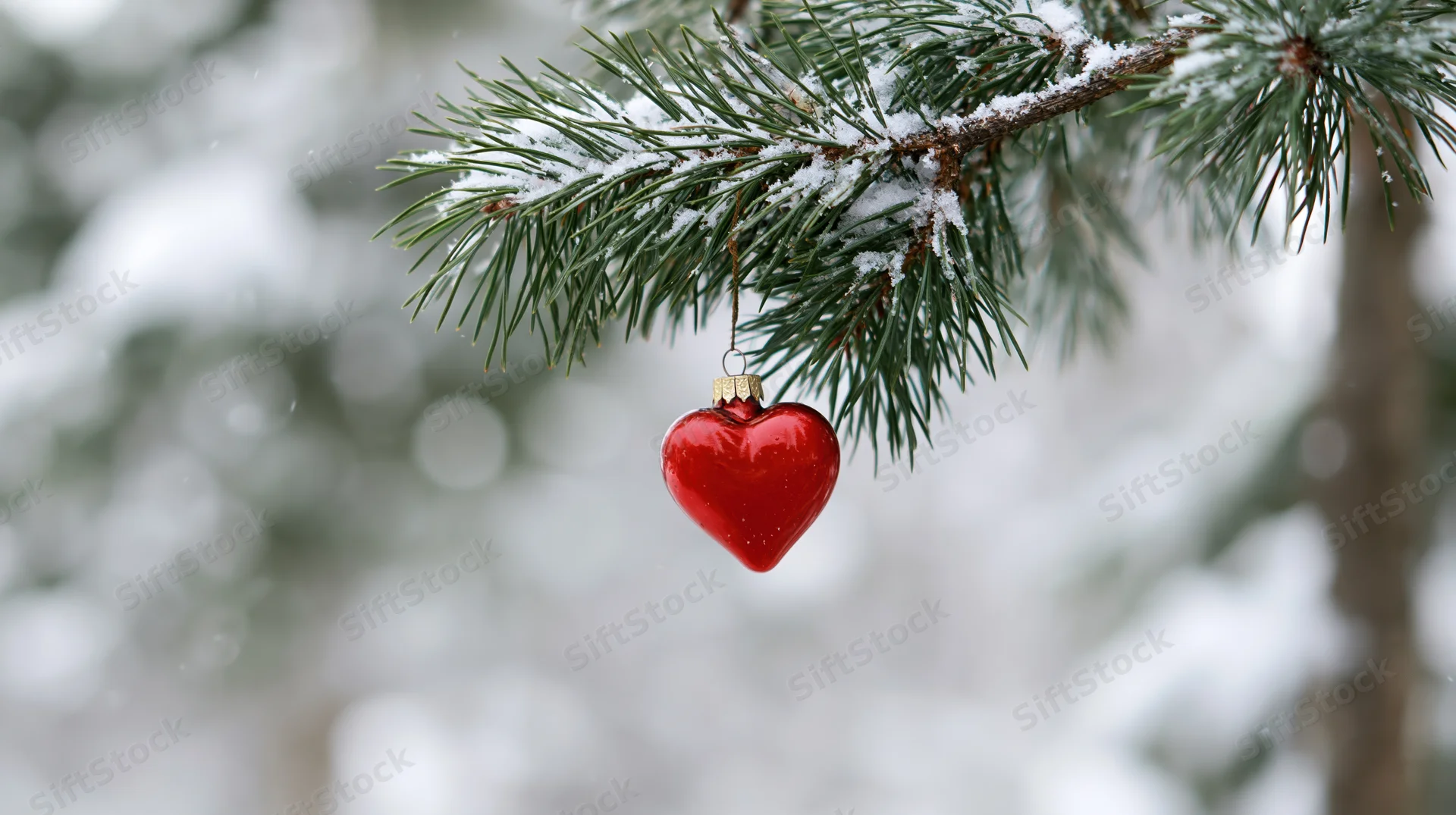 Red heart ornament hanging from snow-dusted pine tree branch in winter forest