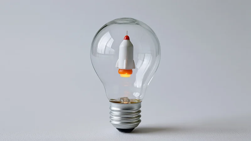 A toy rocket suspended inside a clear lightbulb on a plain surface