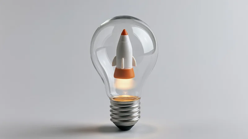 Small white and orange toy rocket suspended inside a clear lightbulb on a plain surface