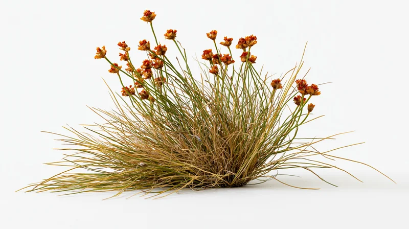 Small wild grass clump with thin green stems and tiny orange-yellow flowers on white background
