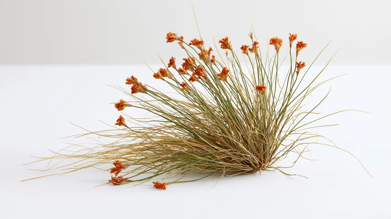 A clump of wild grass with thin green stems and tiny orange flowers on a white background