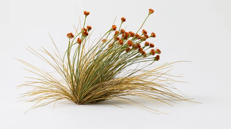 A clump of wild grass with thin green stems and small orange flowers on a white background