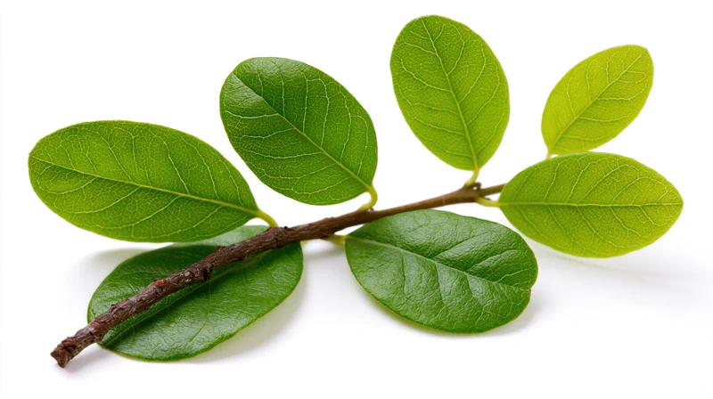 A small woody plant cutting with fresh green oval leaves arranged on a white surface