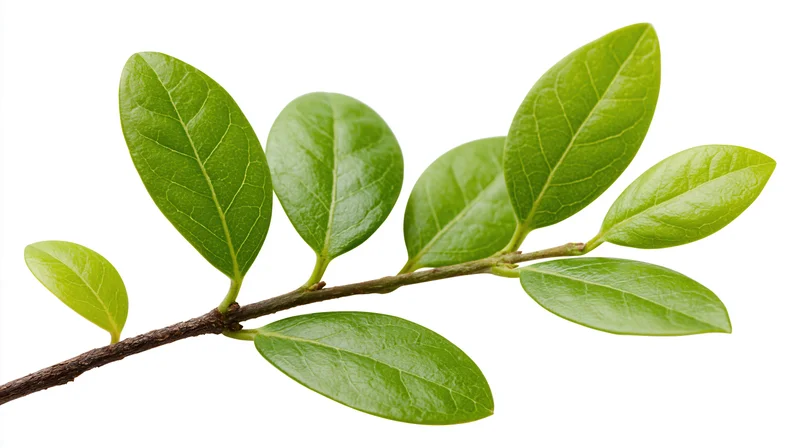 A small woody plant cutting with fresh green oval leaves arranged on a white background