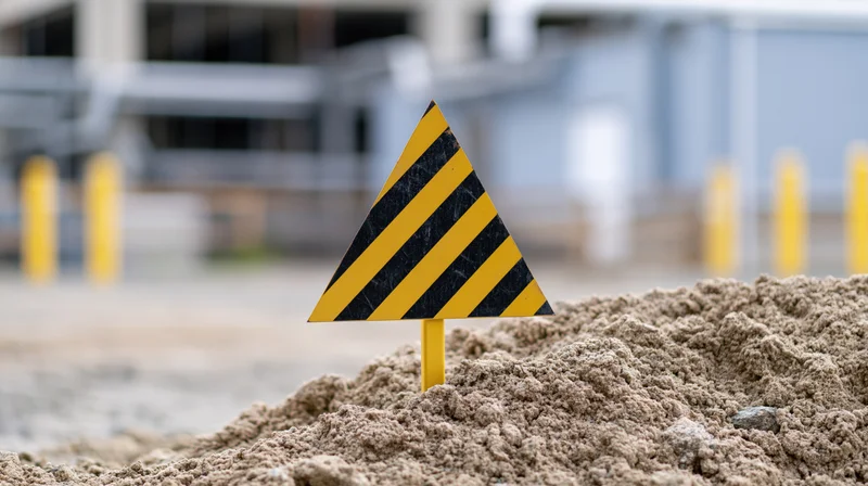Triangular warning sign planted in a pile of sand at a construction site